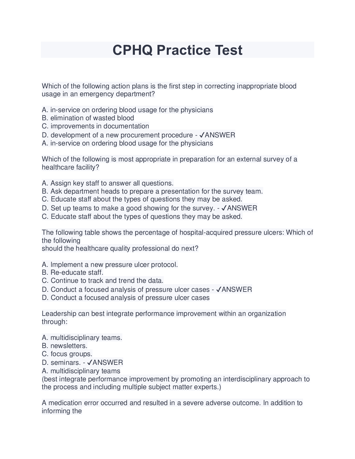 Preview image for CPHQ Practice Test (Latest 2023/2024) Download to Score A